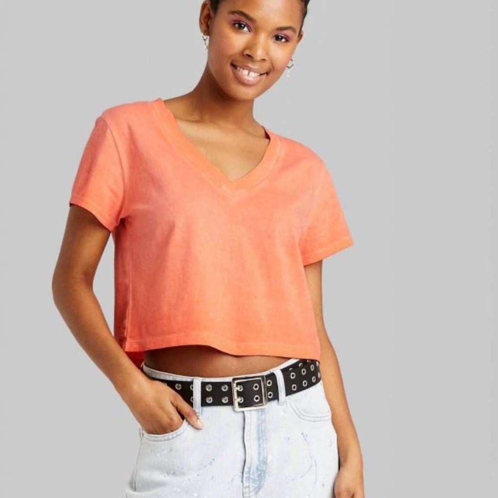 Wild Fable NWT Women's Orange V-Neck Short Sleeve Boxy Cropped T-Shirt Size XXL